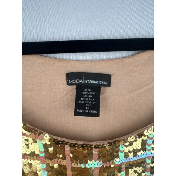 Moda International Sequin Top & Skirt Set S/4 Gold & Bronze 100% Silk Made In Ch - Picture 6 of 8